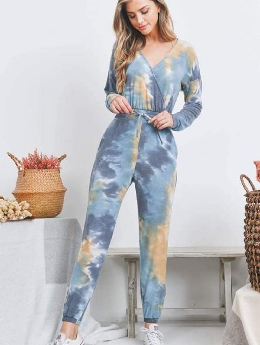 Tie-Dye Wrap Jumpsuit in Blue, Navy & Tan NWT Size - Various Sizes